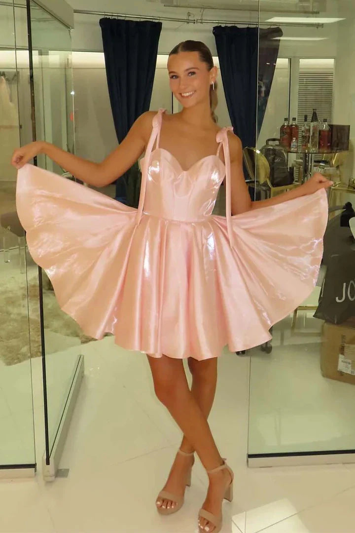 Sweetheart Bow Straps Satin A-Line Mini Homecoming Dress