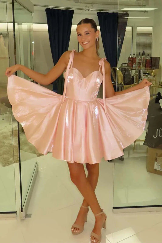 Sweetheart Bow Straps Satin A-Line Mini Homecoming Dress