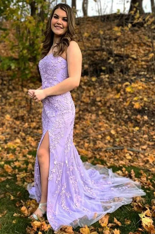 Sweetheart Strapless Lace Appliques With Slit Prom Dress