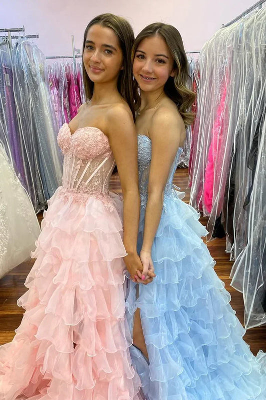 Sweetheart Strapless Sheer Empire Tiered Tulle A-Line Party Prom Dress