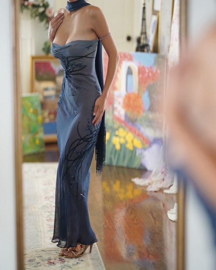 Classy Spaghetti Straps Blue Chiffon Beaded Mermaid Evening Dress Long Birthday Party Gown With Ribbon D1866