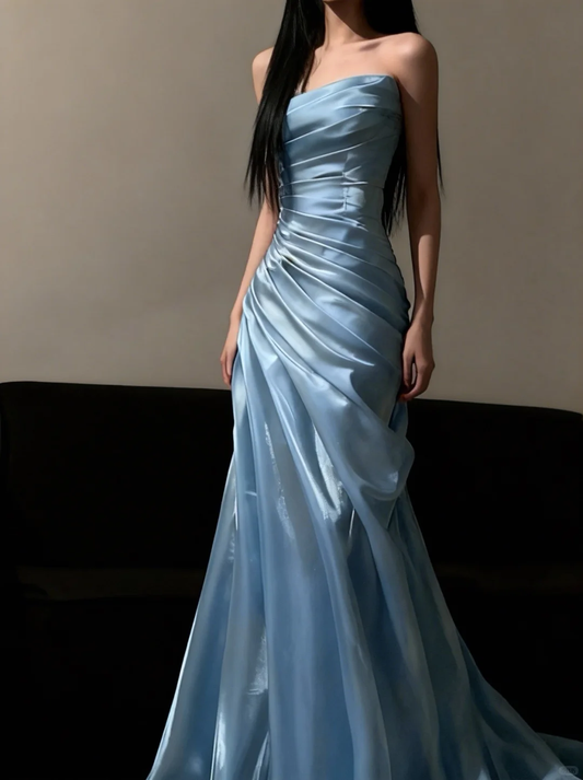 Elegant Blue Mermaid Strapless Layered Satin Long Prom Dress Evening Dress SH5107