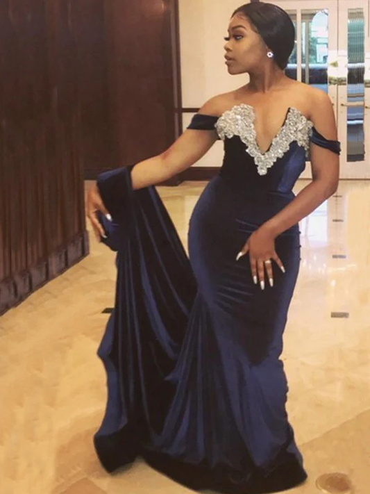 Gorgeous Off-the-Shoulder Applique Velvet Mermaid Prom Dresses SH801