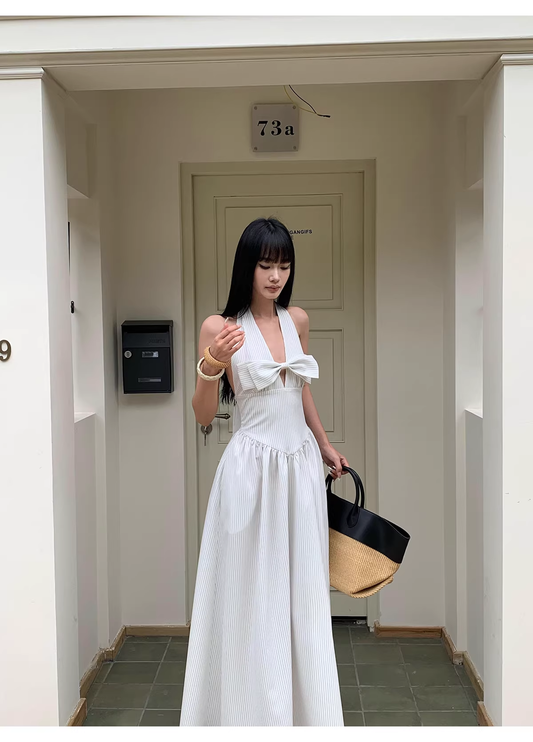 Cute Halter A-Line Black White Striped Butterfly Bow V-Neck Long Evening Dress Birthday Party Gown D2083