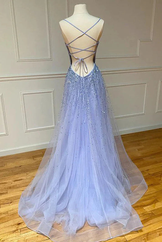 Tulle A-Line Bateau Appliques Lace Up Prom Dress