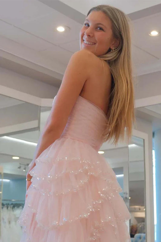 Tulle A-Line Strapless Pleated Tiered Homecoming Dress