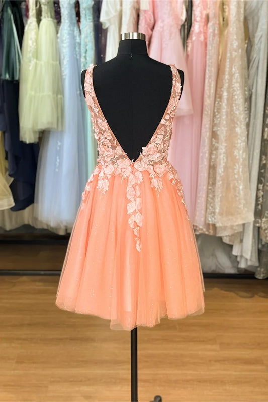 Tulle A-Line V-Neck Backless Floral Appliques Homecoming Dress