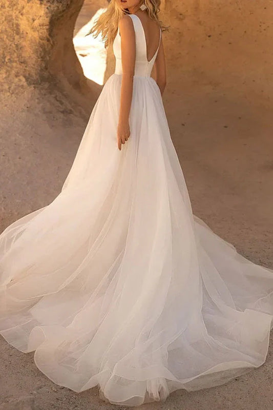 Tulle A-Line V-Neck Sleeveless Beach Wedding Dress