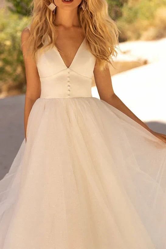 Tulle A-Line V-Neck Sleeveless Beach Wedding Dress