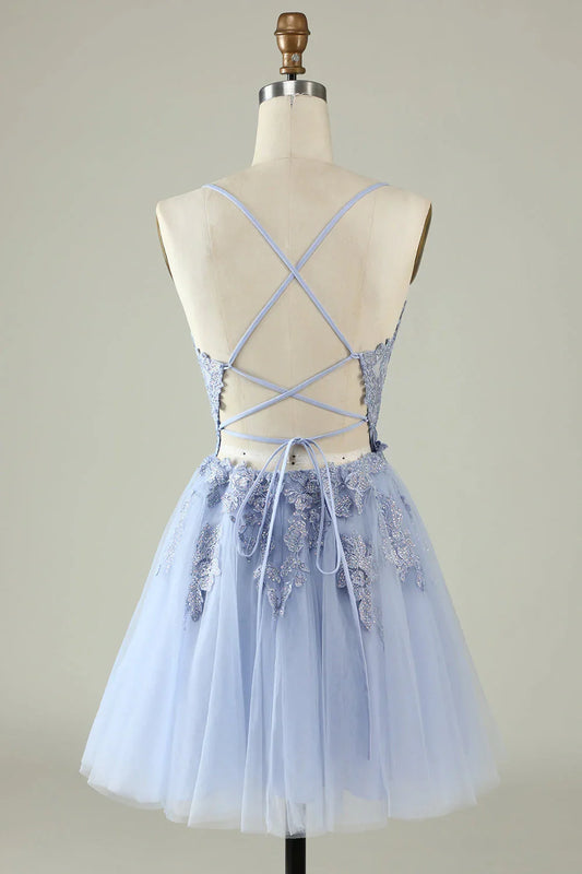 Tulle A-Line V-Neck Spaghetti Straps Appliques Homecoming Dress