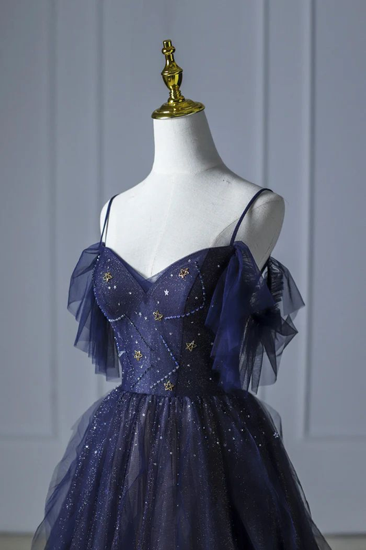 Beautiful Blue Gradient Tulle Long Prom Dress, Spaghetti Strap Evening Dress SH778