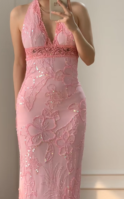 Vintage Sheath V Neck Beaded Pink Chiffon Long Prom Dress Evening Dress SH3342