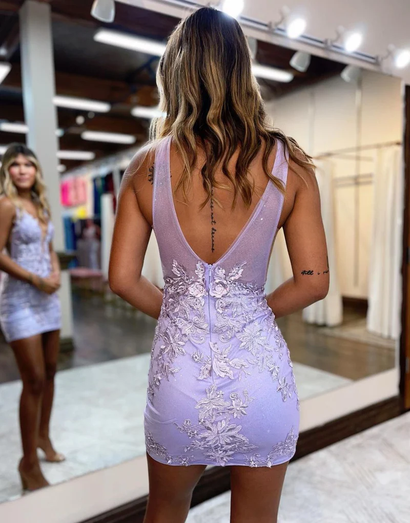 Purple Deep V Neck Homecoming Dress With Applique SH732