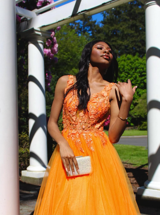 Charming A Line V Neck Appliques Orange Tulle Prom Dress Evening Dress SH2078