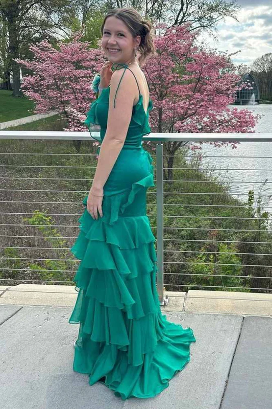 Green V-Neck Satin Chiffon Ruffle Long Prom Dress Mermaid Slit Evening Dress SH1530
