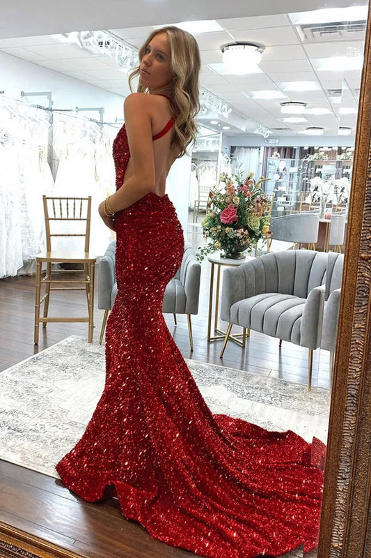 V-Neck Backless Mermaid Sequins Long Party Prom Dress