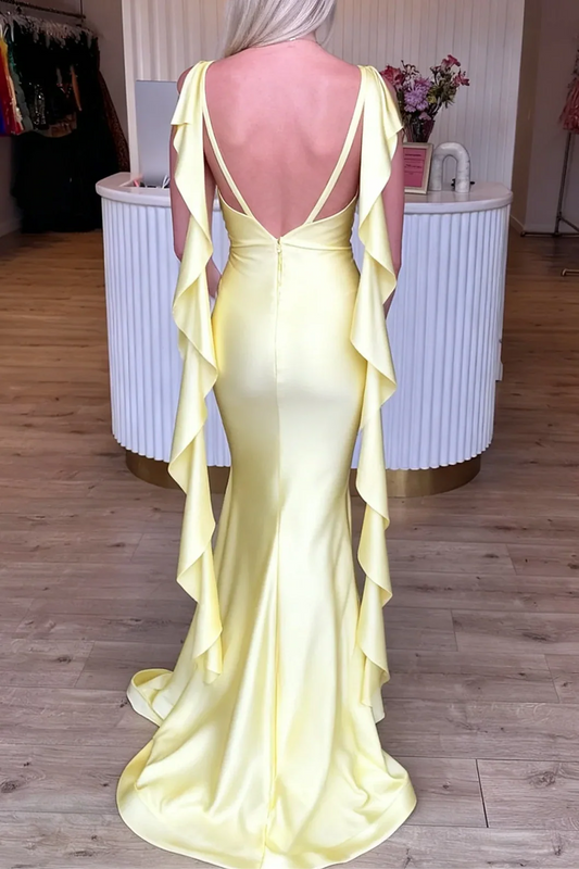 V-Neck Backless Satin Mermaid Long Party Prom Dress With Ruffle
