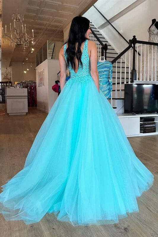 V-Neck Backless Tulle A-Line Appliques Prom Drses
