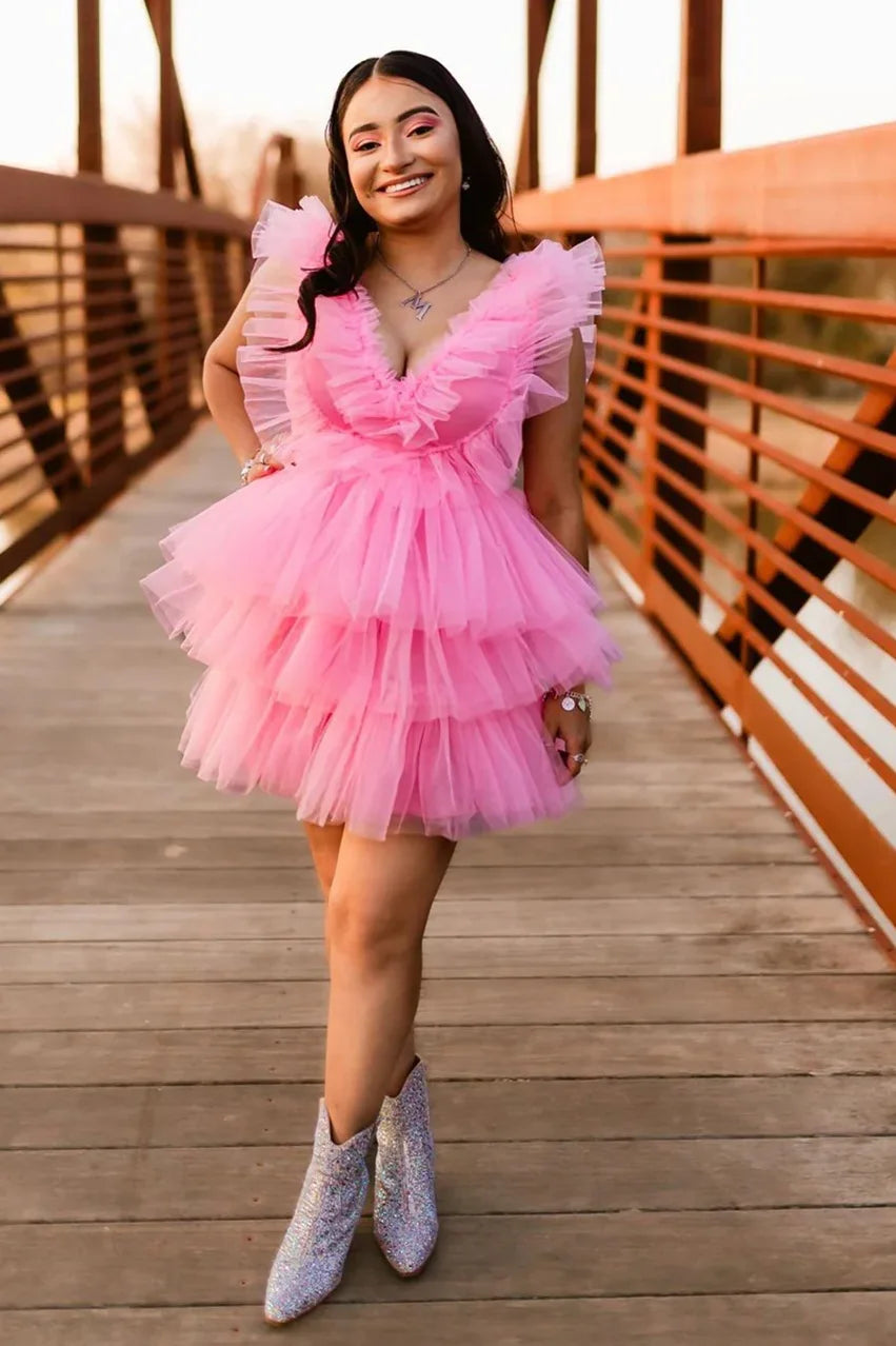V-Neck Ruffled Straps Tulle A-Line Tiered Party Homecoming Dress