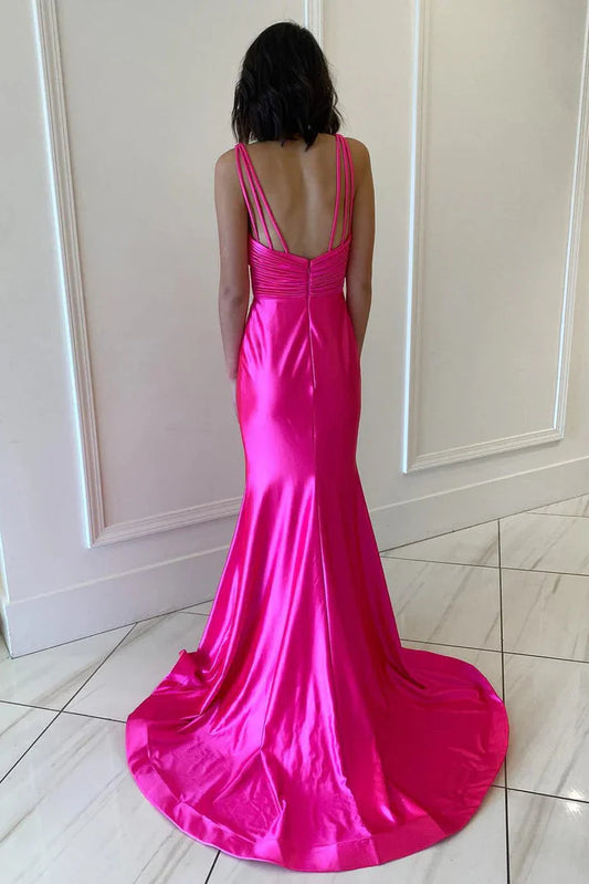 V-Neck Sleeveless Satin Fitted Trumpet With Train Prom Dress