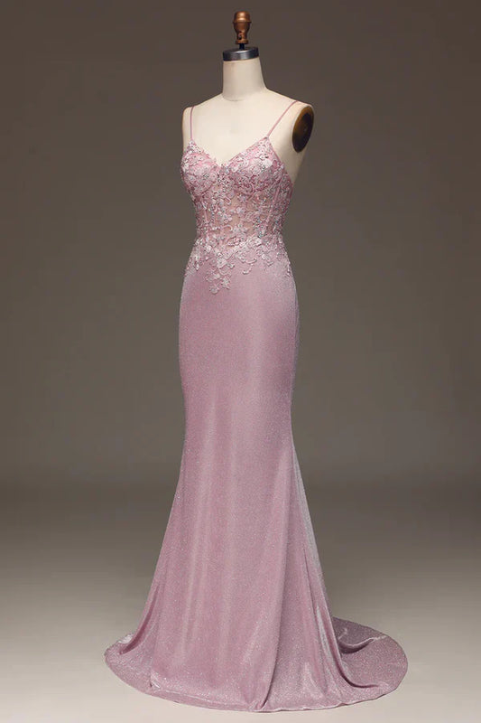 V-Neck Spaghetti Straps Appliques Trumpet Long Prom Dress