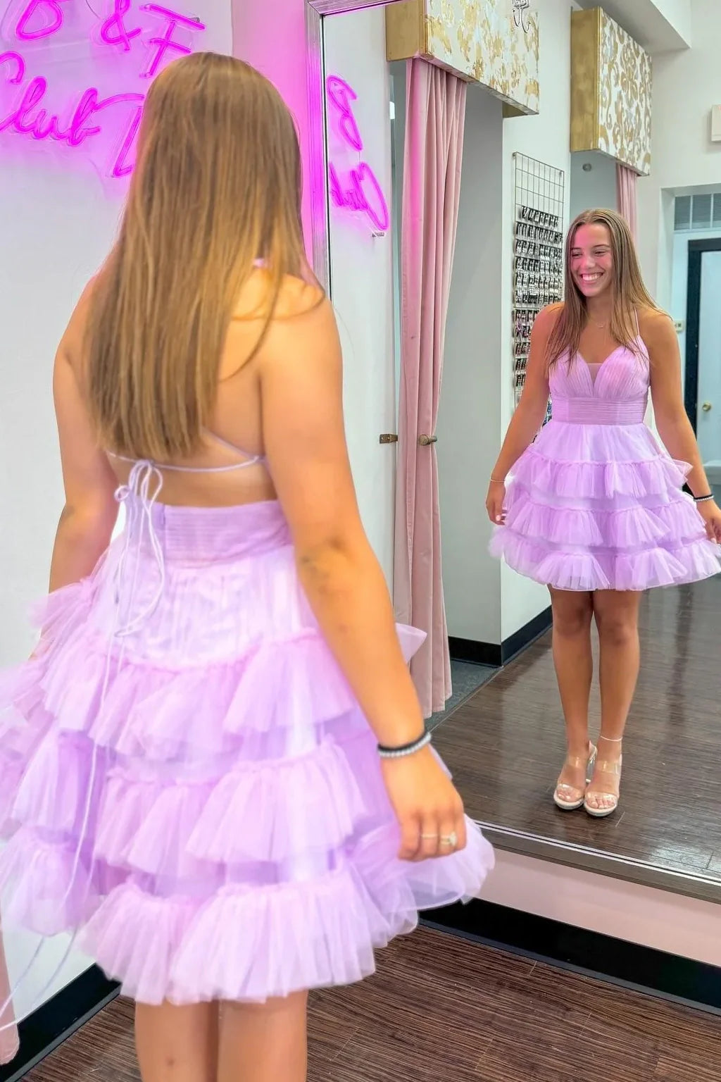 V-Neck Spaghetti Straps Empire A-Line Tiered Homecoming Dress