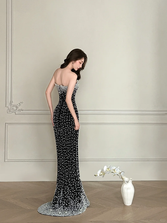 Unique Pearl Mermaid Sweetheart Neck Black Satin Long Date Dress Evening Dress Prom Dress SH3445