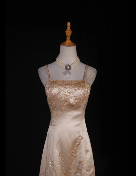 Fashion Spaghetti Straps Yellow Satin Beaded Mermaid Long Party Dress Evening Dress D2249
