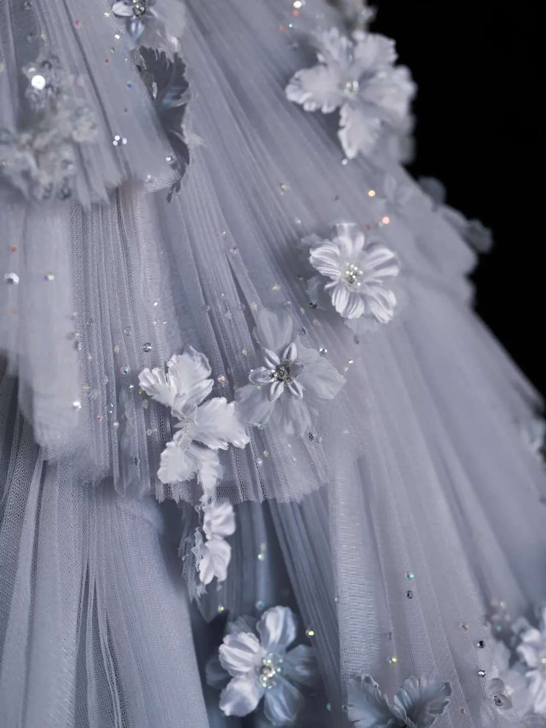 Unique A Line Long Sleeve Flower Tiered Tulle Long Party Dress Evening Dress Ball Gown SH2815