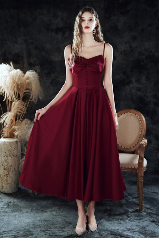 Vintage Style Burgundy Tea Length Dress