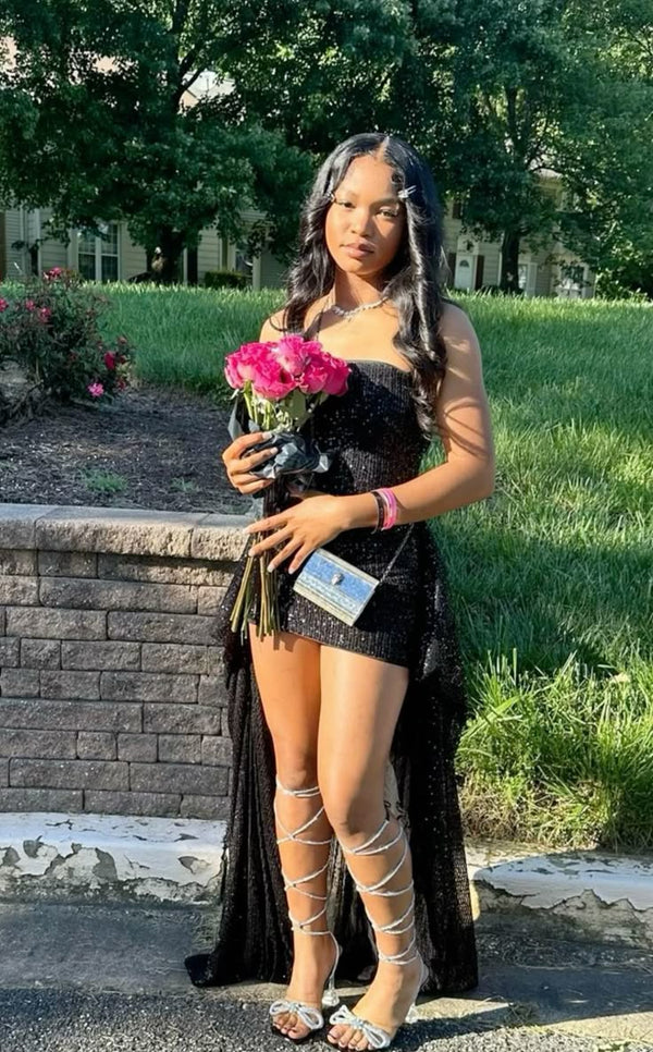 Sexy Sheath Strapless Black Sequin Short Summer Birthday Dresses Hoco Dress Mini 18th Birthday Outfit Cocktail Dresses W0467