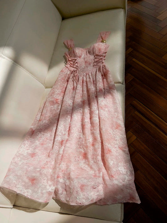 Elegant A line Square Pink Lace Sleeveless Chiffon Long Evening Party Gowns Evening Formal Dresses Prom Dress W886