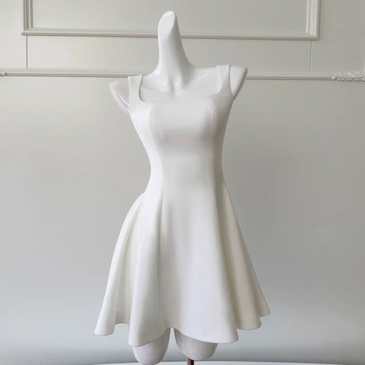 Trendy A line Square White Satin Sleeveless Formal Short 8th Grade Homecoming Dress Summer Middle School Hoco Dresses Cocktail Dress Birthday Outfits W919