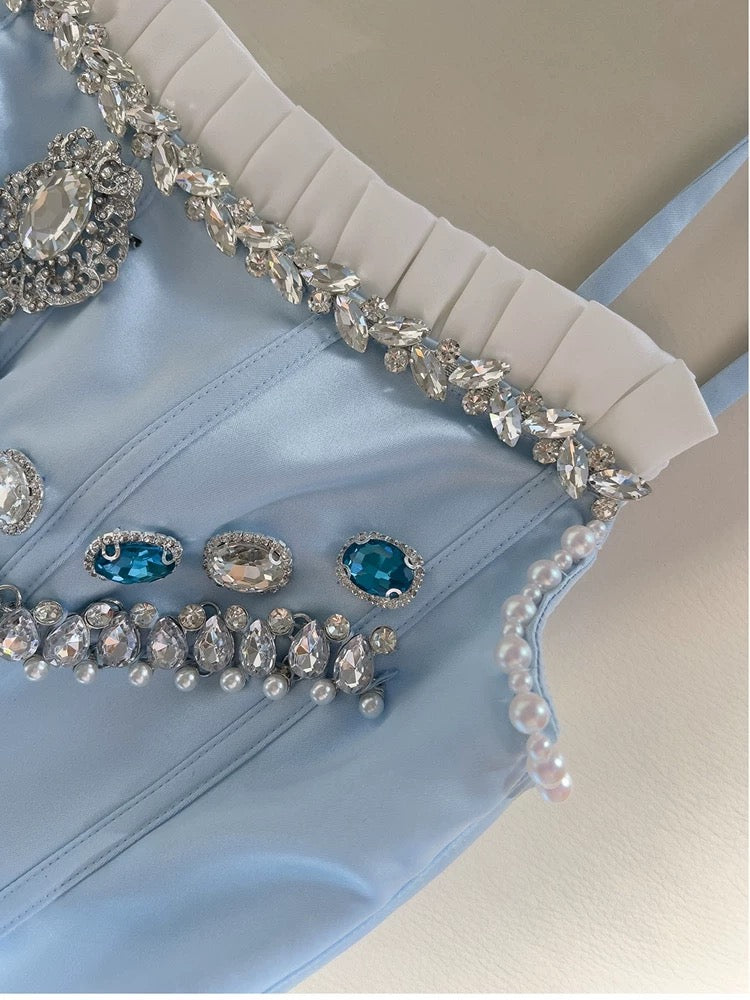 Trendy Ball Gown Spaghetti Straps Blue Satin Sleeveless Formal Short 8th Grade Homecoming Dress Summer Middle School Hoco Dresses Cocktail Dress Birthday Outfits W940
