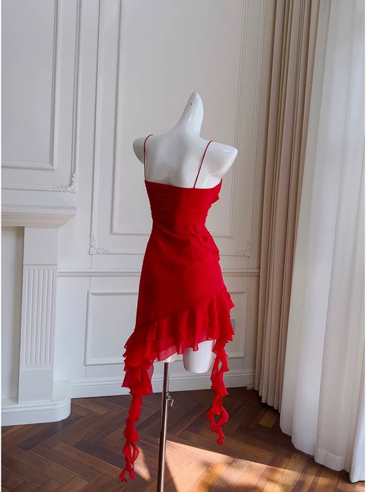 Pretty Sheath Spaghetti Straps Red Chiffon Short 8th Grade Homecoming Dress Summer Middle School Hoco Dresses Cocktail Dress Birthday Outfits W988