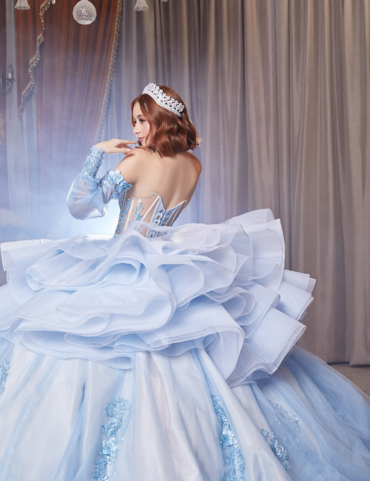 Baby Blue Sweetheart Neck Appliques Beaded Tulle Prom Dress Quinceanera Dress Ball Gown SH2352
