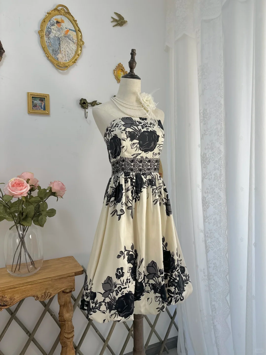 Vintage Strapless Satin Print Floral A Line Short Prom Dress Formal Homecoming Dress D554