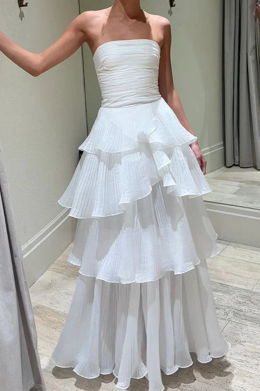White Strapless Chiffon A-Line Empire Tiered Party Prom Dress