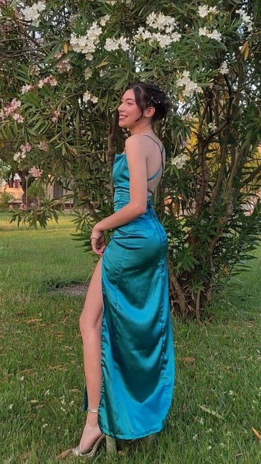 Simple Long Backless High Slit Prom Dress Wedding Guest Dress SH1163