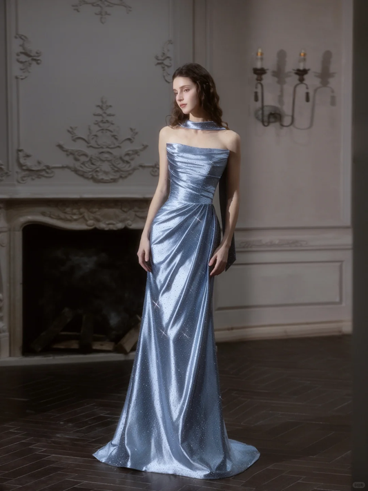 Blue Sheath Strapless Feather Rhinestone Satin Long Prom Dress 16th Birthday Dress SH4192