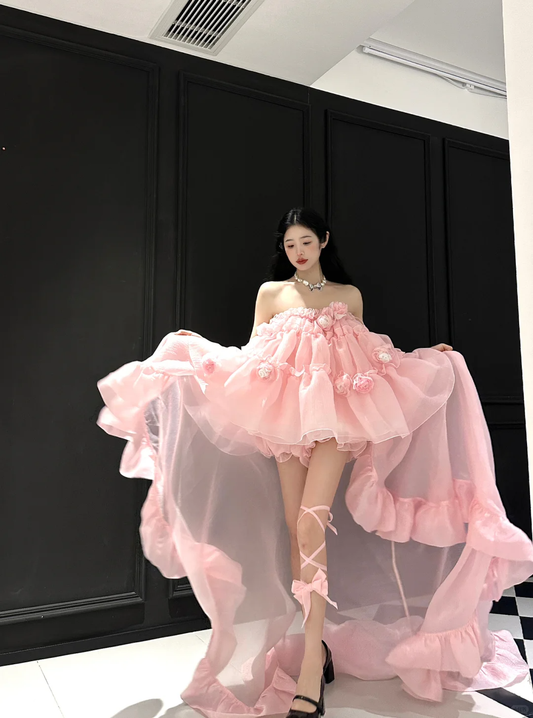 Cute A Line Strapless Floral Pink Organza Long Sweep Prom Dress Party Dress SH3399