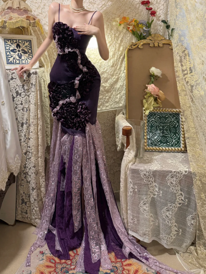 Glamorous Purple Spaghetti Straps Satin Lace Pleated Mermaid Long Party Dress Formal Birthday Prom Dress Evening Gown D2054