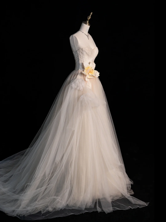 Gentle A Line One Shoulder Flower Tulle Long Party Dress Evening Dress SH2813