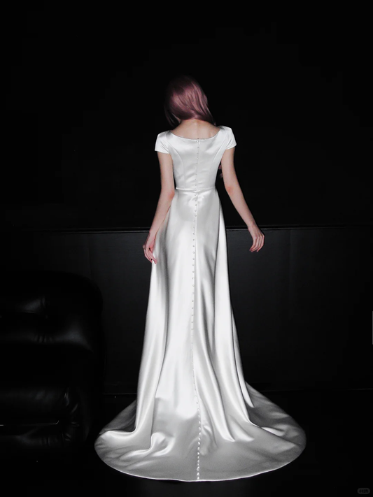 Vinatge Simple A Line White Satin Long Prom Dress Wedding Dress SH4968