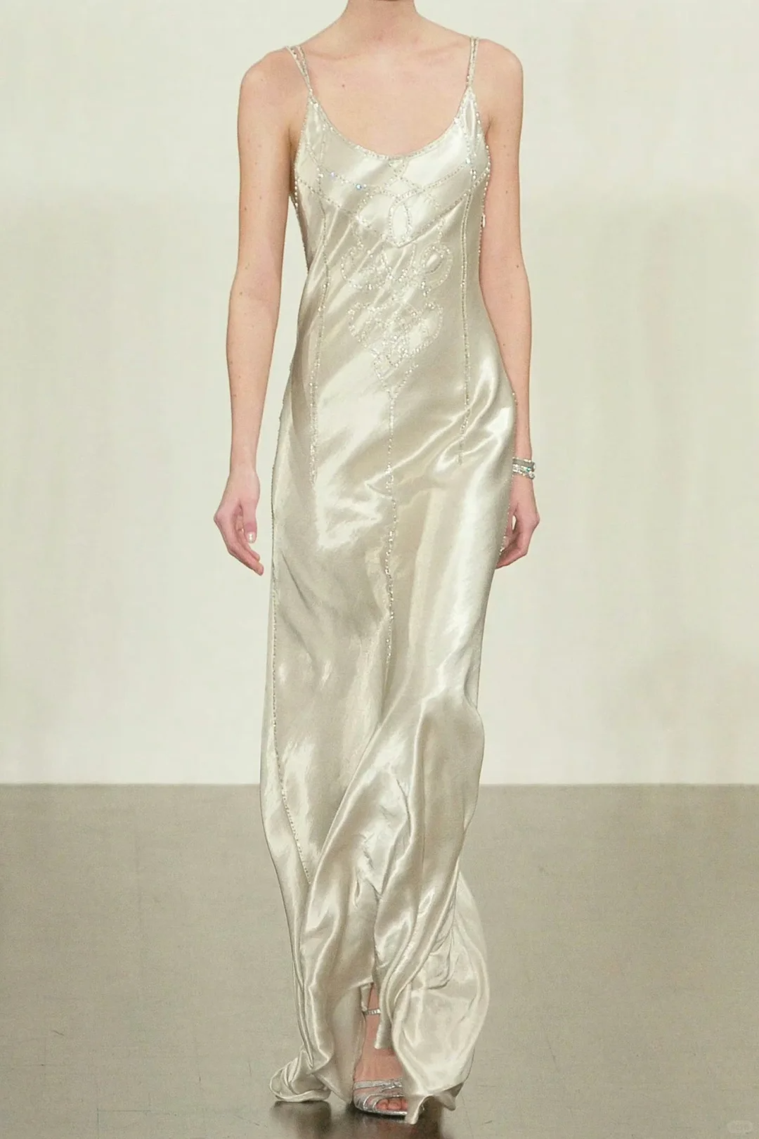 Romantic Simple Sheath Spaghetti Strap Beaded Satin Long Prom Dress SH4975