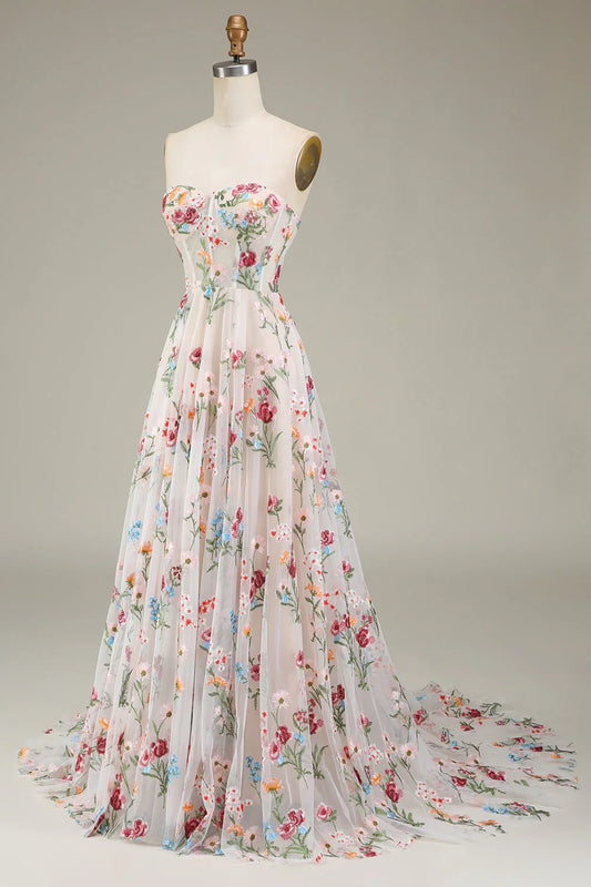 Elegant A Line Sweetheart Long Corset Tulle Prom Dress With Flower SH1917