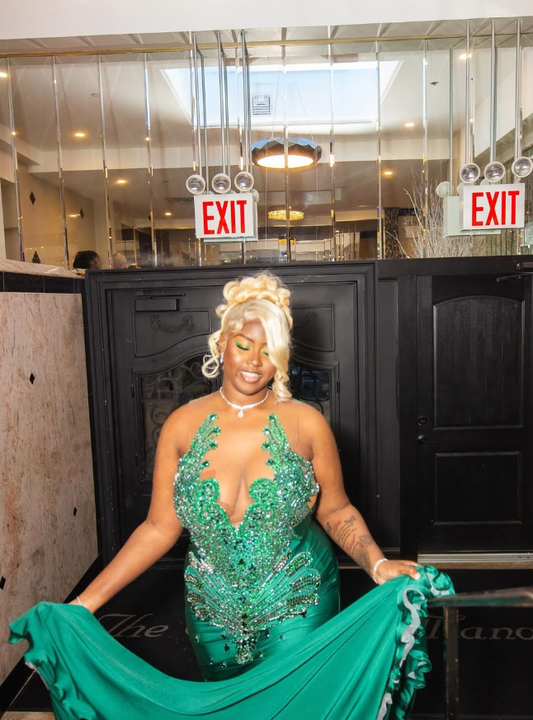 Gorgeous Mermaid V Neck Green Beaded Satin Long Sweep Prom Dress Evening Dress SH2175