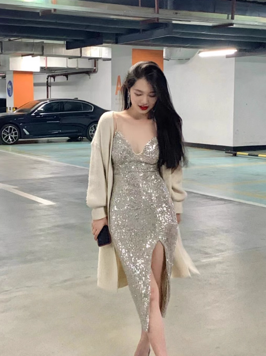 Sexy Sheath Spaghetti Strap Silver Sequin Homecoming Dress Cocktail Dress with Slit SH4060