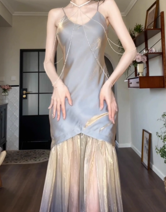 Stunning Mermaid Spaghetti Strap Satin Tulle Prom Dress Evening Dress SH4082