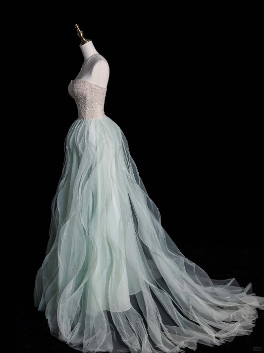 Elegant A Line Sweetheart Neck Sequin Beaded Mint Green Tulle Prom Dress Graduation Prom Dress SH2474